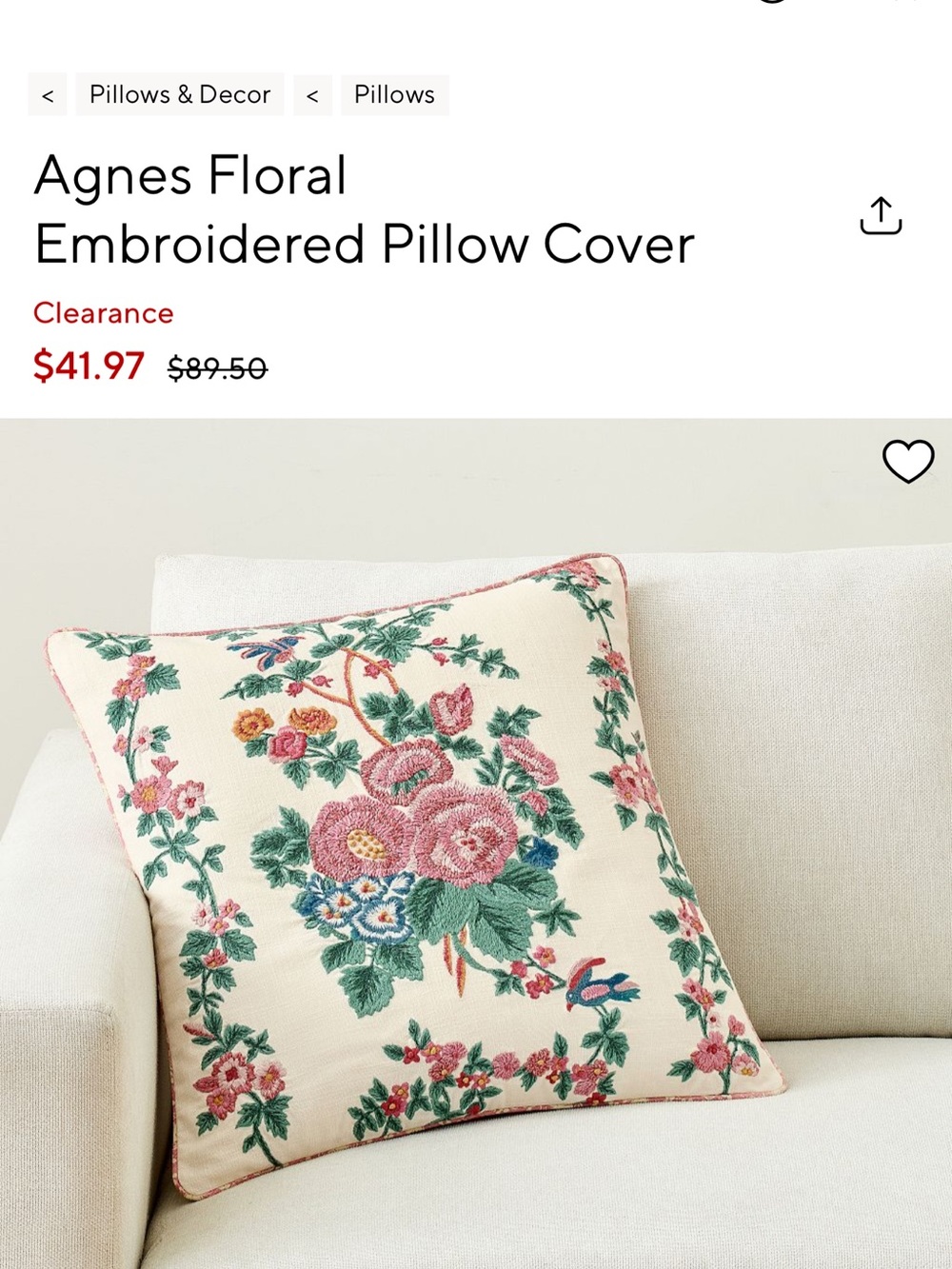 Pottery Barn Agnes Floral Embroidered Pillow Cover in Cream, Pink, Green, Blue